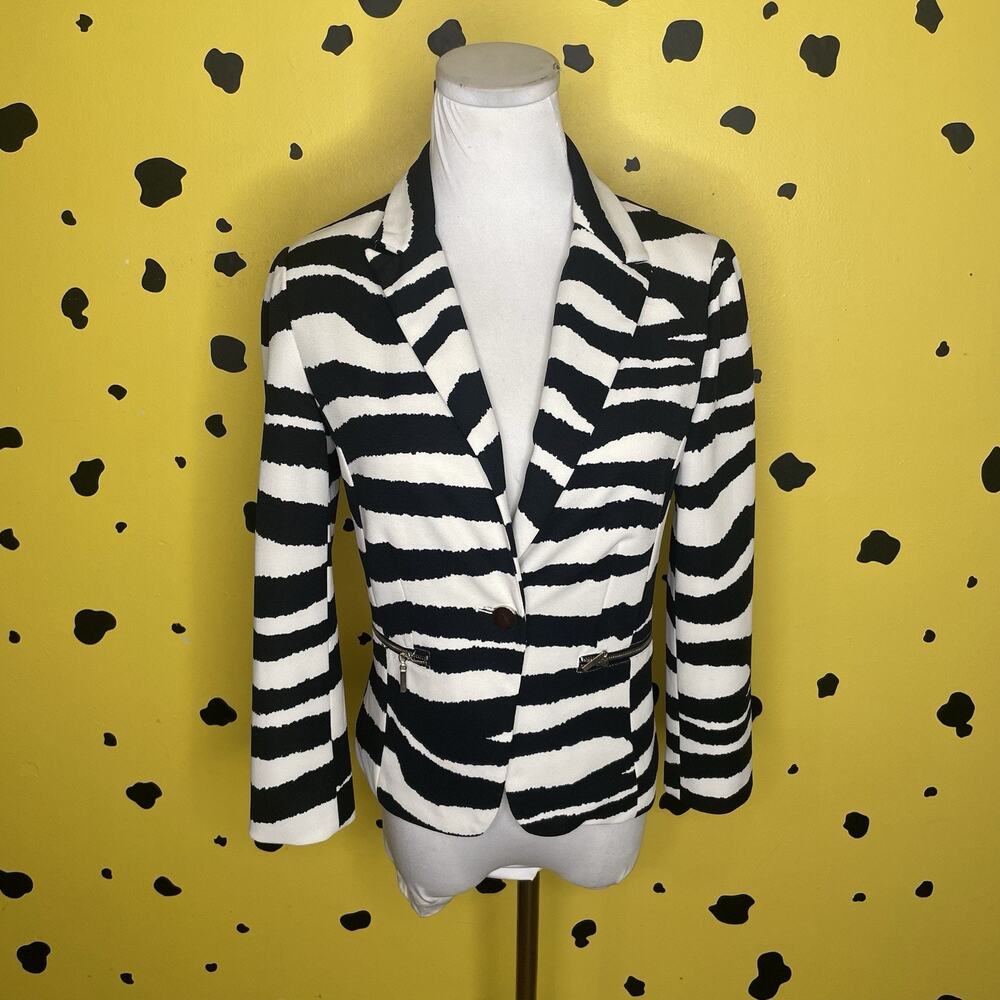 Zebra Print Blazer Womens S Zipper Pockets Indie Sleaze Maximalist